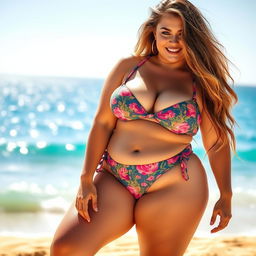 A curvy bikini model showcasing thick thighs and an hourglass figure, standing on a beach with golden sand and a shimmering blue ocean in the background