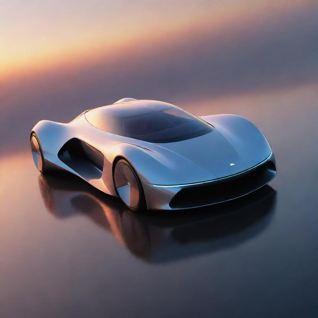 A futuristic flying car soaring through a dusky sky, reflecting the setting sun's hues with sleek, aerodynamic lines and shimmering glass.