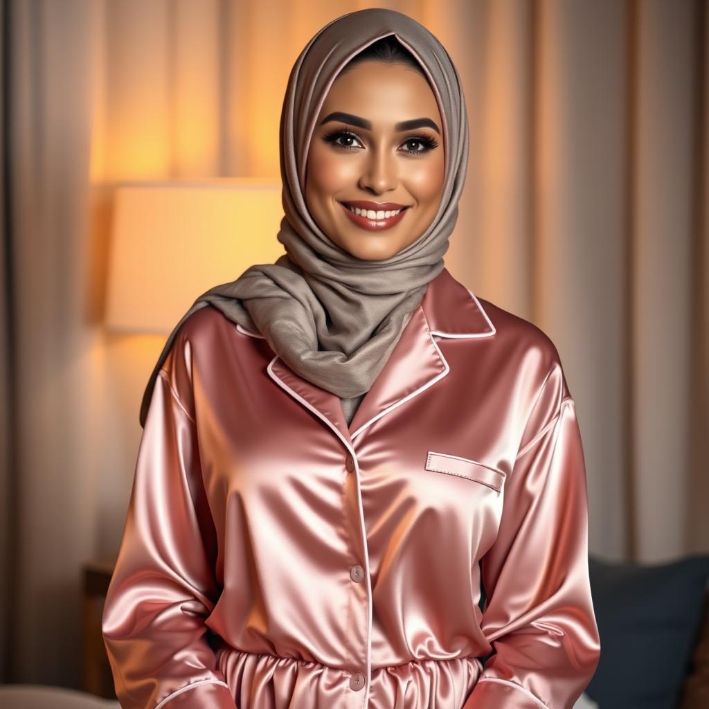 A beautiful woman wearing stylish, modern pajamas paired with an elegant hijab