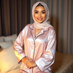 A beautiful woman wearing stylish, modern pajamas paired with an elegant hijab