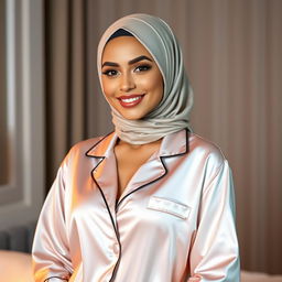 A beautiful woman wearing stylish, modern pajamas paired with an elegant hijab