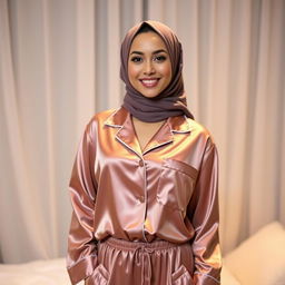 A beautiful woman wearing stylish, modern pajamas paired with an elegant hijab