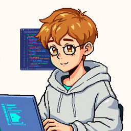 A light brown haired boy programming in a pixel art style, designed for a profile picture