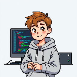 A light brown haired boy programming in a pixel art style, designed for a profile picture