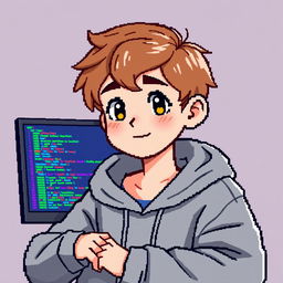 A light brown haired boy programming in a pixel art style, designed for a profile picture