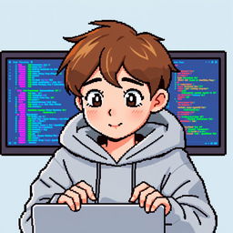 A light brown haired boy programming in a pixel art style, designed for a profile picture