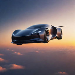 A futuristic flying car soaring through a dusky sky, reflecting the setting sun's hues with sleek, aerodynamic lines and shimmering glass.