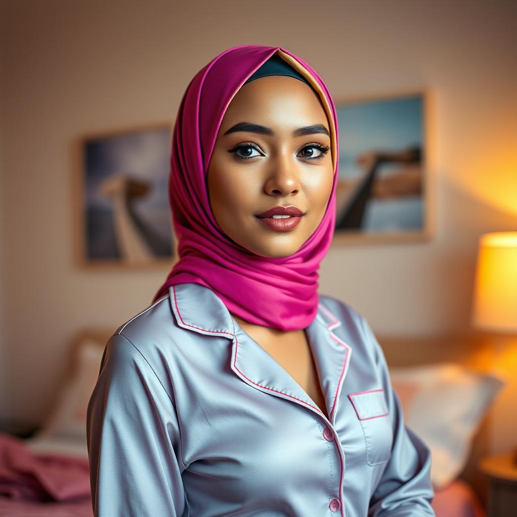 A stylish young woman wearing a vibrant, colorful hijab and a chic, form-fitting pajama set