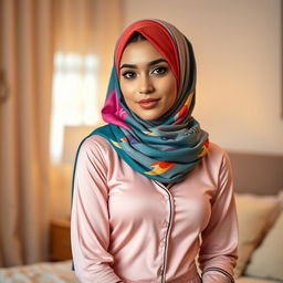 A stylish young woman wearing a vibrant, colorful hijab and a chic, form-fitting pajama set