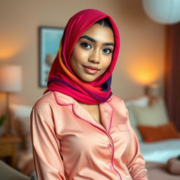 A stylish young woman wearing a vibrant, colorful hijab and a chic, form-fitting pajama set