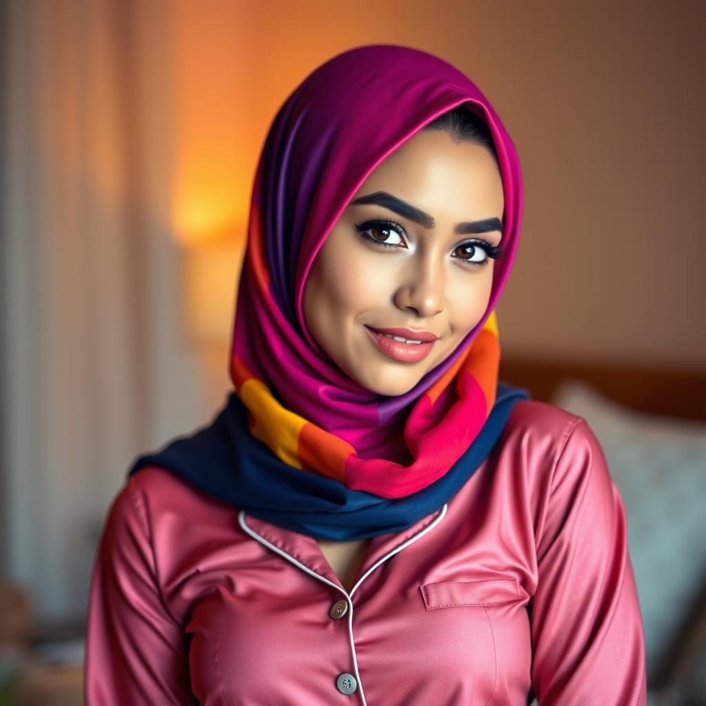 A stylish young woman wearing a vibrant, colorful hijab and a chic, form-fitting pajama set