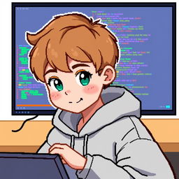 A light brown haired boy programming in a pixel art style, designed for a profile picture