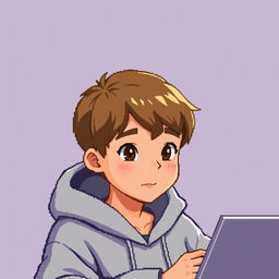 A light brown haired boy programming in a pixel art style, designed for a profile picture