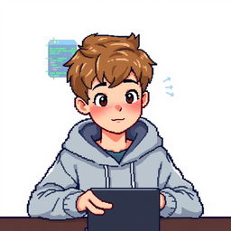 A light brown haired boy programming in a pixel art style, designed for a profile picture