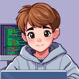 A light brown haired boy programming in a pixel art style, designed for a profile picture