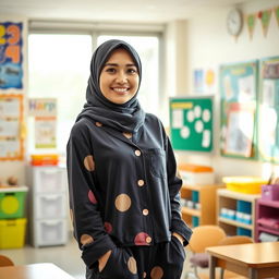 A beautiful Asian female teacher wearing a stylish hijab, dressed in fashionable pajamas that exude a modern and cozy vibe