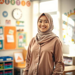 A beautiful Asian female teacher wearing a stylish hijab, dressed in fashionable pajamas that exude a modern and cozy vibe