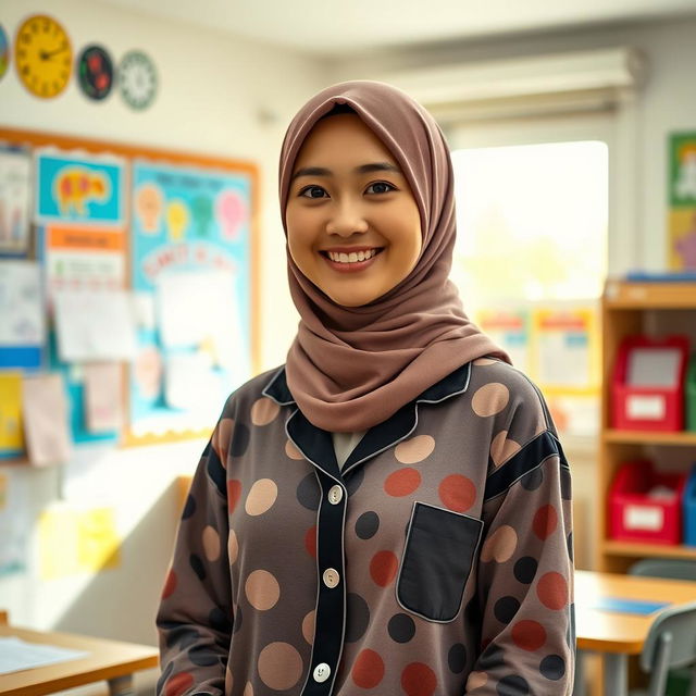 A beautiful Asian female teacher wearing a stylish hijab, dressed in fashionable pajamas that exude a modern and cozy vibe