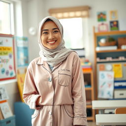 A beautiful Asian female teacher wearing a stylish hijab, dressed in fashionable pajamas that exude a modern and cozy vibe