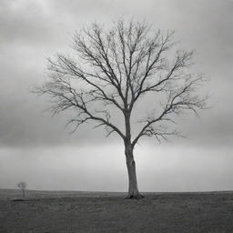 A grayscale scenery of a single, bare tree standing in the midst of a desolate landscape, under a cloudy, overcast sky.