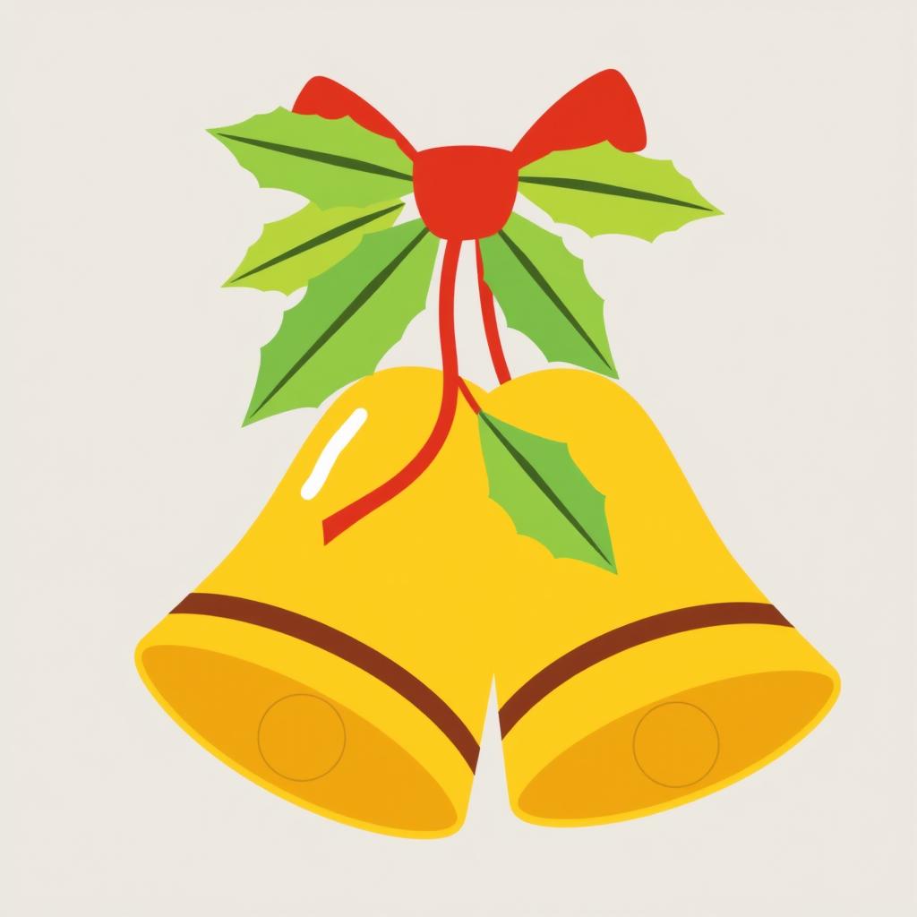 Christmas bells illustration with flat colors in shades of yellow and mustard, featuring a simple red bow at the top, adorned with well-defined green leaves in flat colors