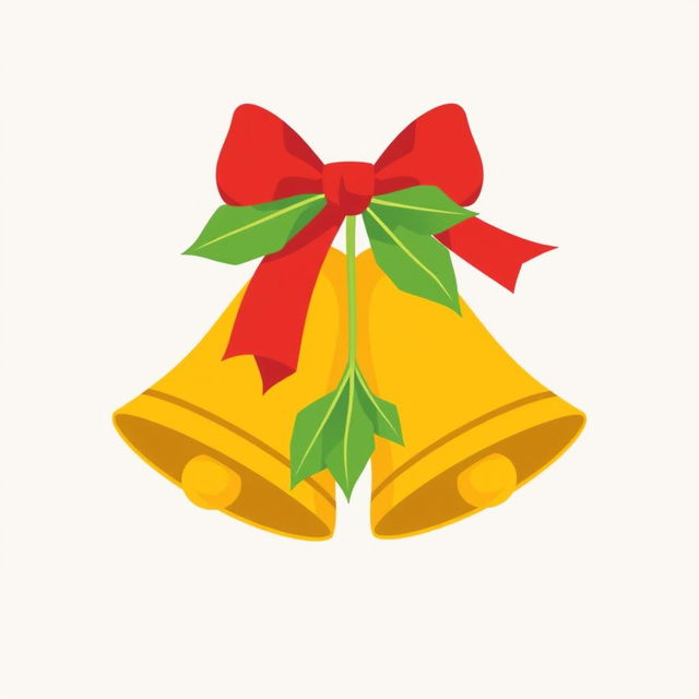 Christmas bells illustration with flat colors in shades of yellow and mustard, featuring a simple red bow at the top, adorned with well-defined green leaves in flat colors