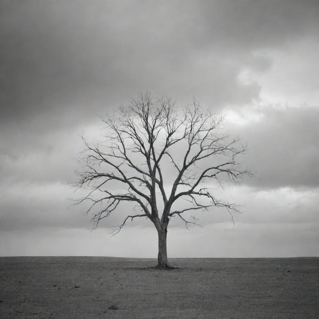 A grayscale scenery of a single, bare tree standing in the midst of a desolate landscape, under a cloudy, overcast sky.