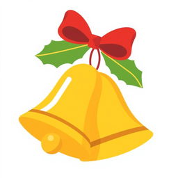 Christmas bells illustration with flat colors in shades of yellow and mustard, featuring a simple red bow at the top, adorned with well-defined green leaves in flat colors