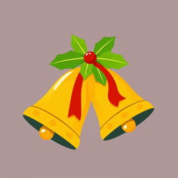 Christmas bells illustration with flat colors in shades of yellow and mustard, featuring a simple red bow at the top, adorned with well-defined green leaves in flat colors