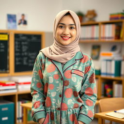 A beautiful Asian woman wearing a stylish hijab and vibrant, patterned pajamas, embodying the modern teacher aesthetic