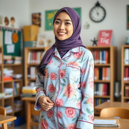 A beautiful Asian woman wearing a stylish hijab and vibrant, patterned pajamas, embodying the modern teacher aesthetic