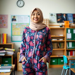 A beautiful Asian woman wearing a stylish hijab and vibrant, patterned pajamas, embodying the modern teacher aesthetic