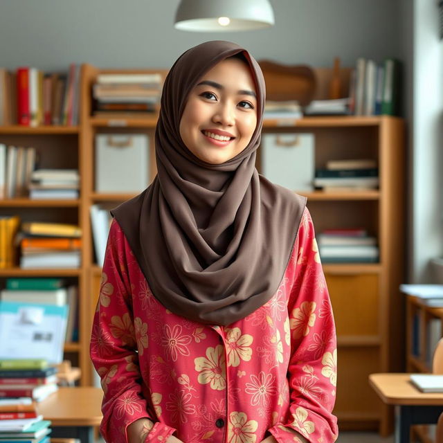 A beautiful Asian woman wearing a stylish hijab and vibrant, patterned pajamas, embodying the modern teacher aesthetic