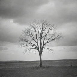 A grayscale scenery of a single, bare tree standing in the midst of a desolate landscape, under a cloudy, overcast sky.