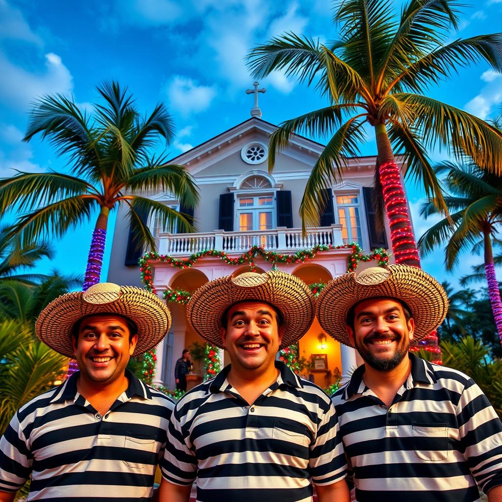 Three mischievous convicts with playful grins wearing straw hats and classic black and white striped prison uniforms