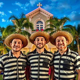 Three mischievous convicts with playful grins wearing straw hats and classic black and white striped prison uniforms