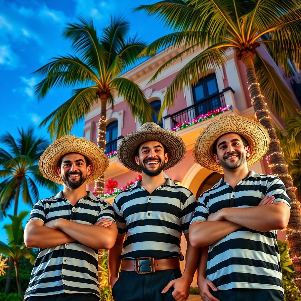 Three mischievous convicts with playful grins wearing straw hats and classic black and white striped prison uniforms