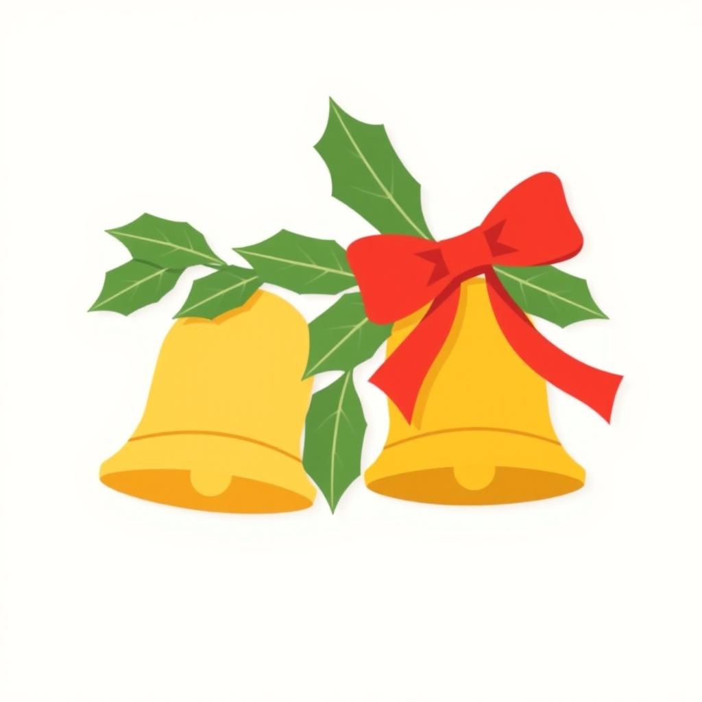 Christmas bells in flat shades of yellow and mustard, featuring a simple red bow on top, adorned with well-defined green leaves in flat colors, maintaining a clean and minimalist design