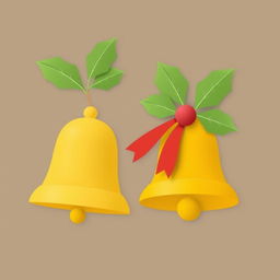 Christmas bells in flat shades of yellow and mustard, featuring a simple red bow on top, adorned with well-defined green leaves in flat colors, maintaining a clean and minimalist design