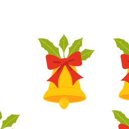 Christmas bells in flat shades of yellow and mustard, featuring a simple red bow on top, adorned with well-defined green leaves in flat colors, maintaining a clean and minimalist design