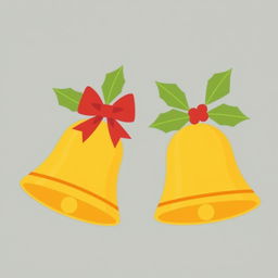 Christmas bells in flat shades of yellow and mustard, featuring a simple red bow on top, adorned with well-defined green leaves in flat colors, maintaining a clean and minimalist design