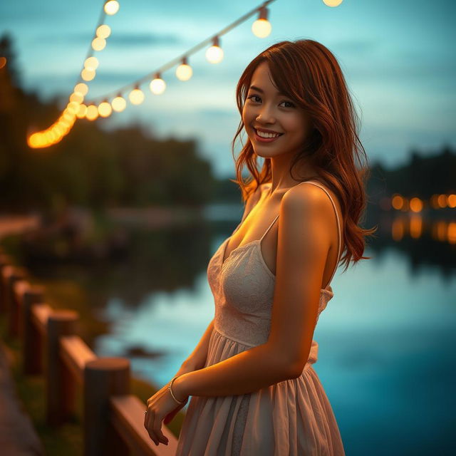 A hyperrealistic scene depicting an 18-year-old woman with a sweet smile and shiny skin, falling in love during the evening by a serene lake