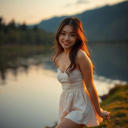 A hyperrealistic scene depicting an 18-year-old woman with a sweet smile and shiny skin, falling in love during the evening by a serene lake