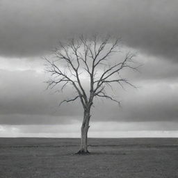 A grayscale scenery of a single, bare tree standing in the midst of a desolate landscape, under a cloudy, overcast sky.