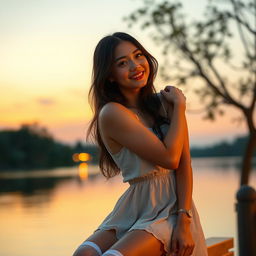 A hyperrealistic scene depicting an 18-year-old woman with a sweet smile and shiny skin, falling in love during the evening by a serene lake