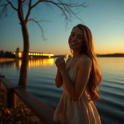 A hyperrealistic scene depicting an 18-year-old woman with a sweet smile and shiny skin, falling in love during the evening by a serene lake