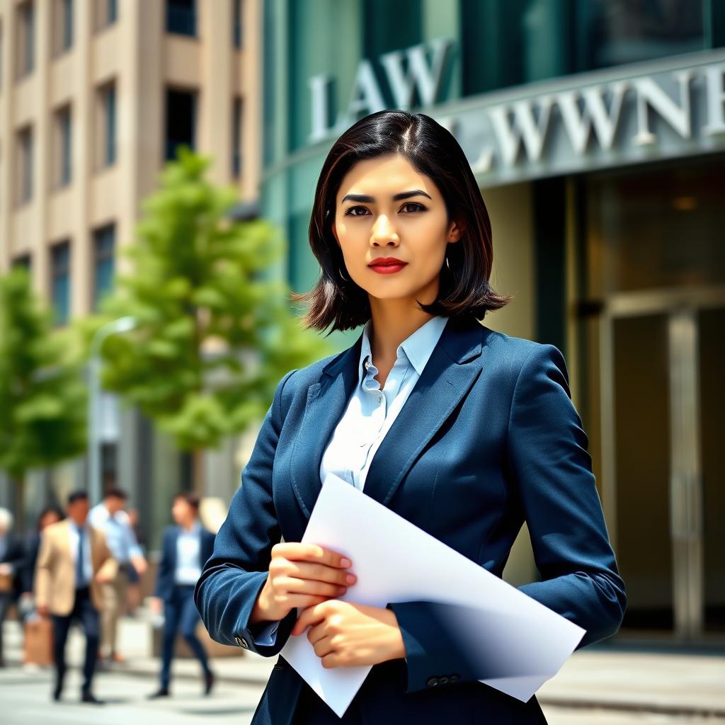 A confident and professional female lawyer standing in front of a modern law firm building