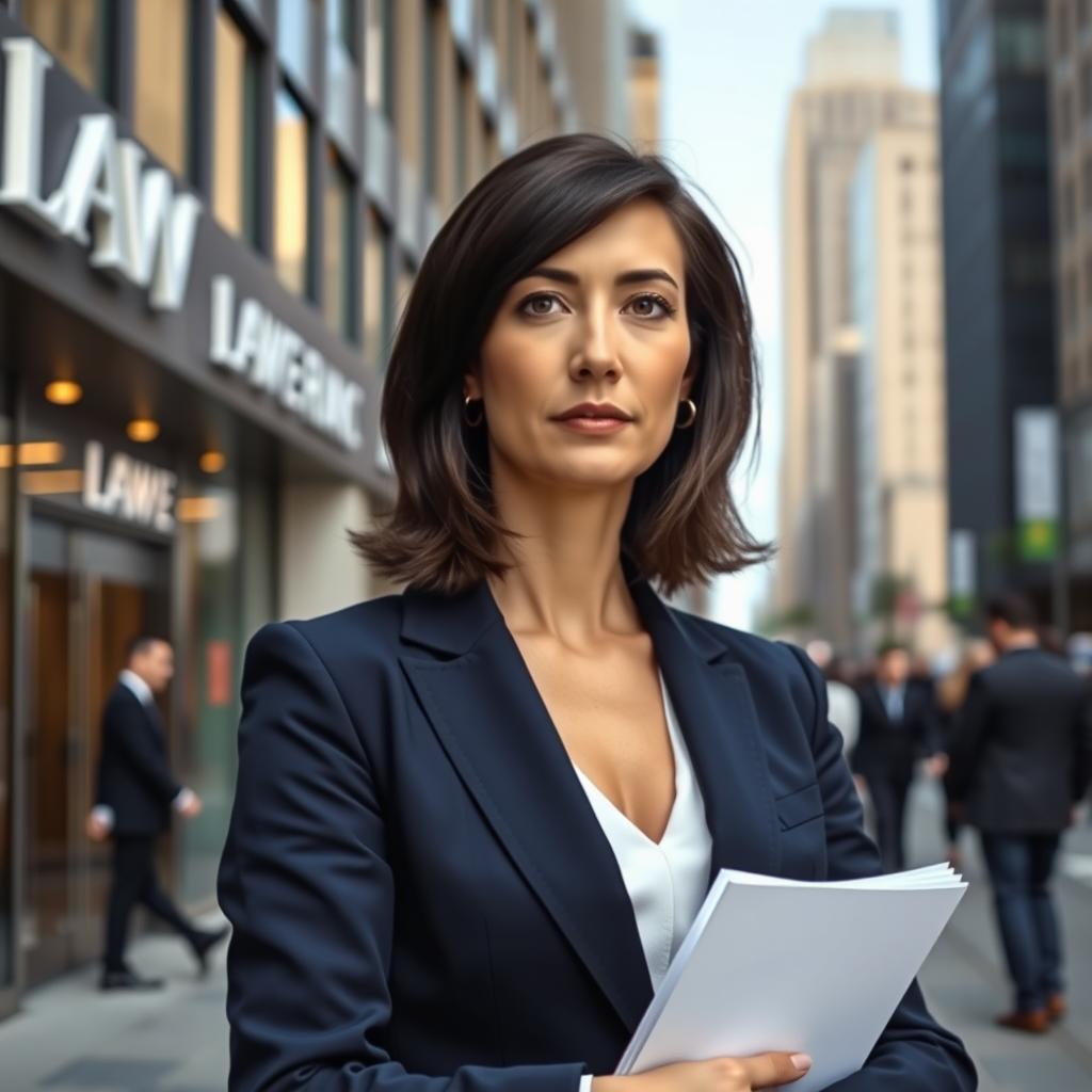 A confident and professional female lawyer standing in front of a modern law firm building