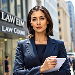 A confident and professional female lawyer standing in front of a modern law firm building