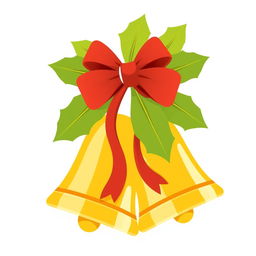 Christmas bells in shades of yellow and mustard, featuring a simple red bow on top, adorned with well-defined green leaves in flat colors, ensuring a clean and straightforward design